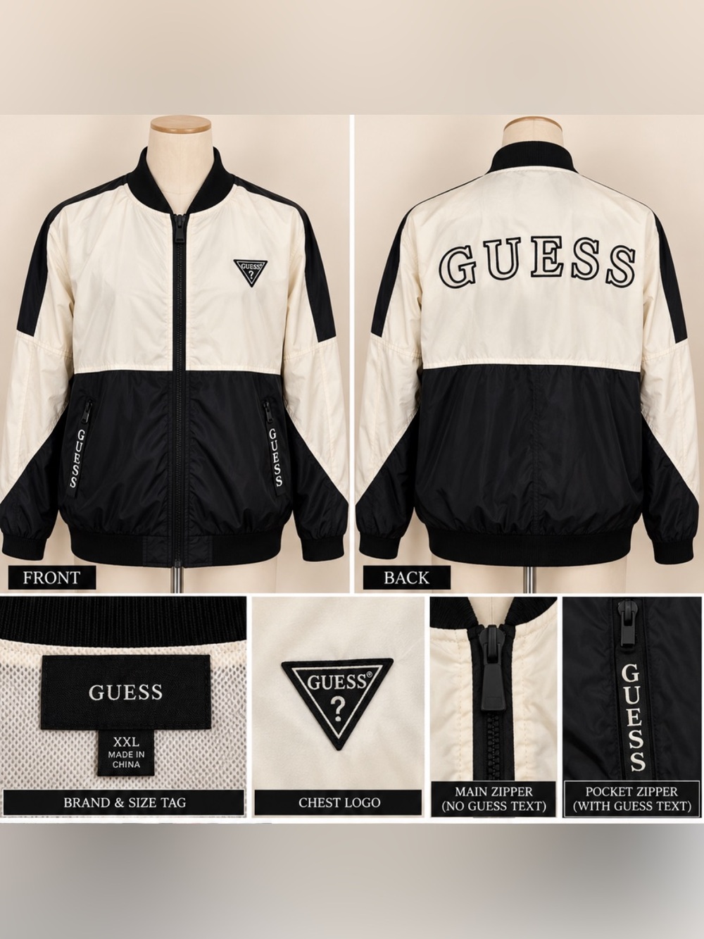 GUESS Black and Cream Colorblock Bomber Jacket